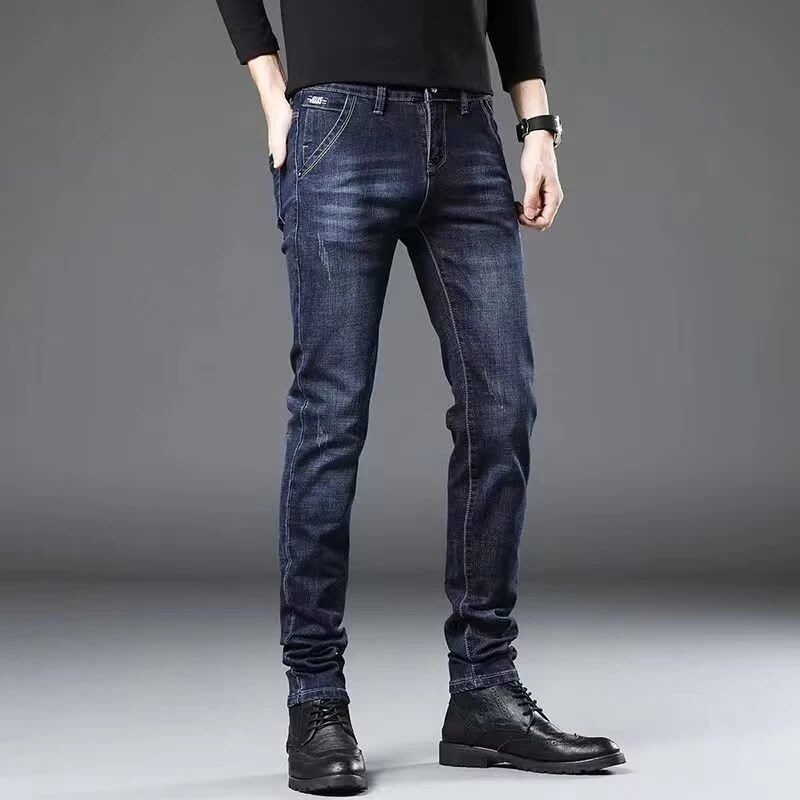

Осенние мужские облегающие узкие джинсы, модные деловые повседневные эластичные джинсовые брюки, мужские удобные повседневные синие брюки