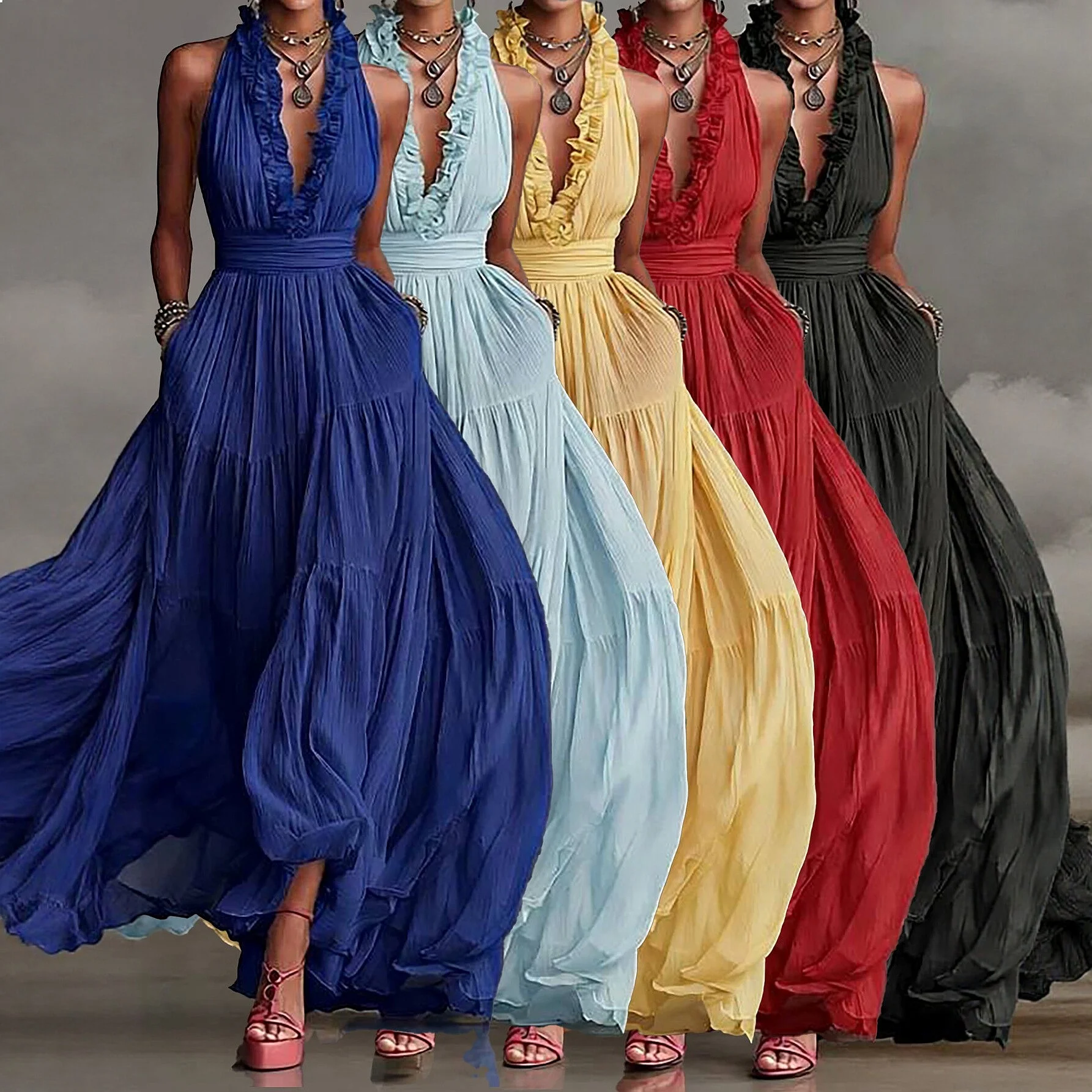 Deep V Neck Halter Backless Maxi Dress Bohemian Ruffle Beach Vacation Summer Dresses