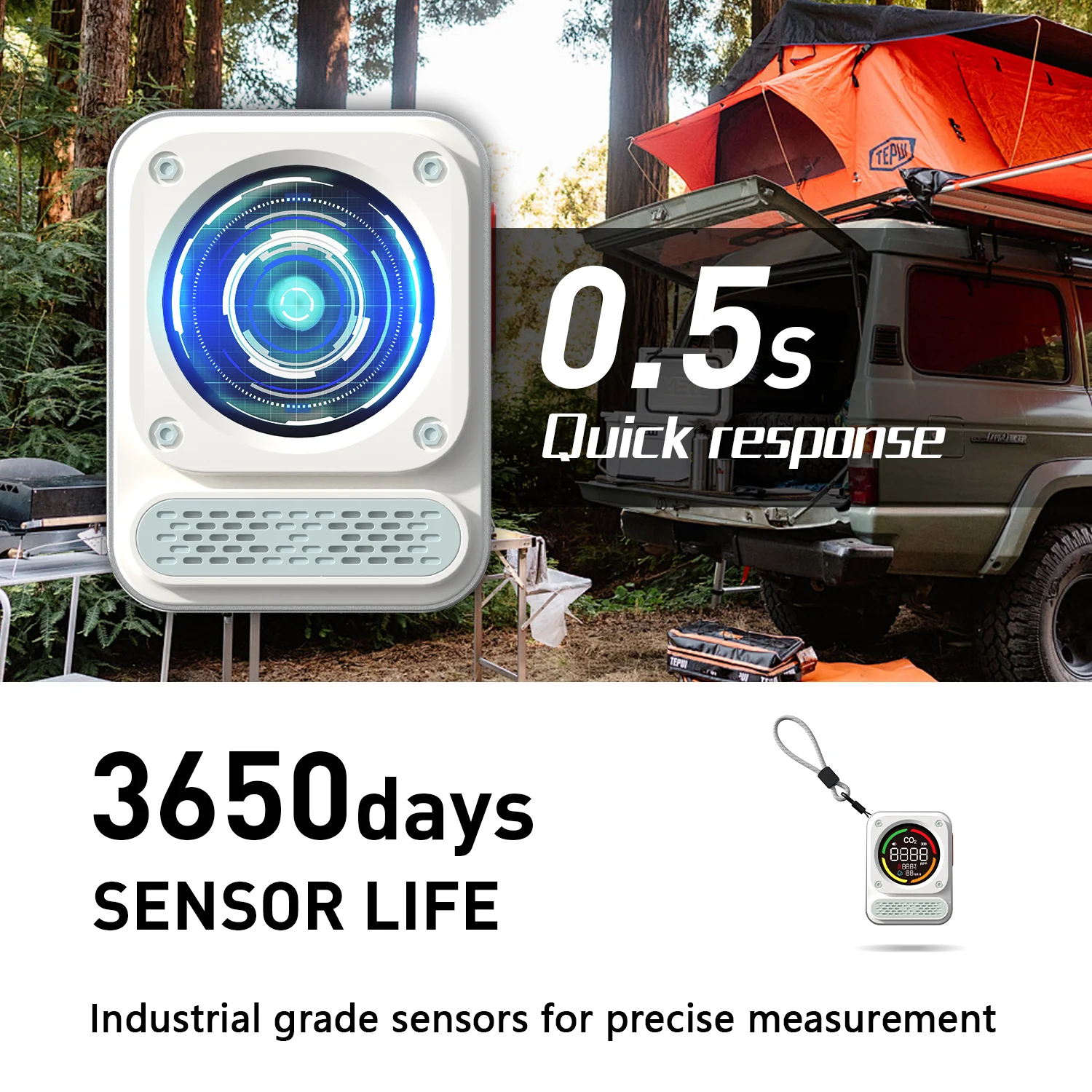 Tragbarer Kohlenmonoxidmelder, 3-in-1 wiederaufladbarer CO-Detektor mit akustischen und visuellen Warnungen für Reisen und Camping