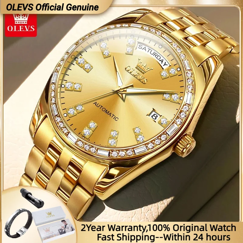 

OLEVS Luxury Brand Automatic Mechanical Watch for Men Diamond Wristwatch Dress Dual Calendar Stainless steel Waterproof Watches