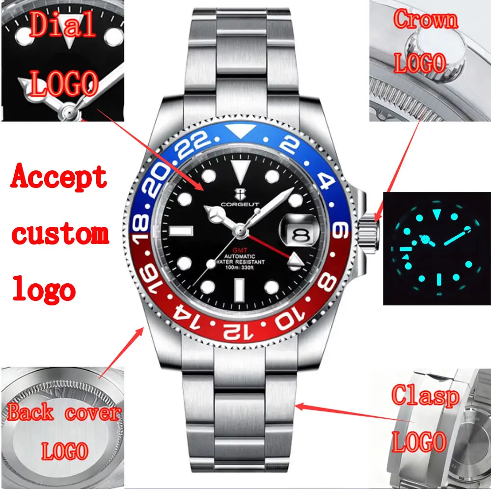 

Часы с логотипом «сделай сам», роскошные часы Corgeut NH34 GMT, мужские автоматические часы, сапфировые светящиеся механические мужские наручные часы, reloj hombre