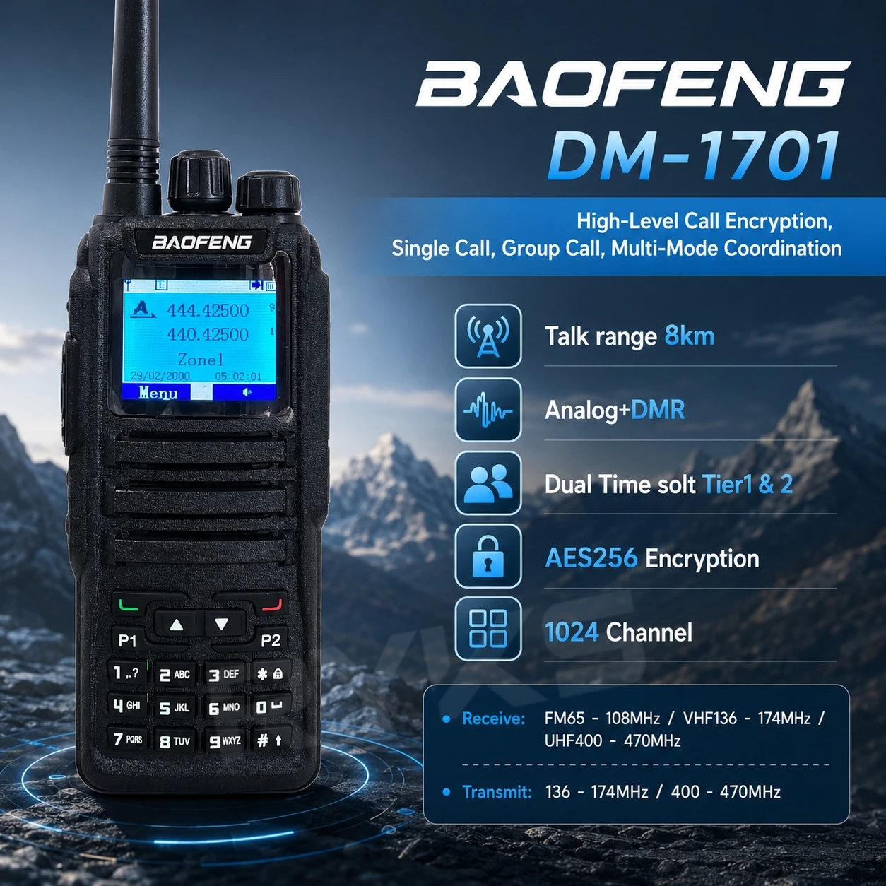 Baofeng Dmr Radio Dm1701 Talk Range 8km Standby 72 Hours Single Call Group Call Aes256 Encryption Walkie Talkie For Dm32 950PRO