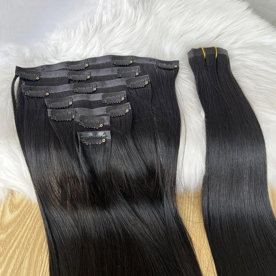 Clips sans couture 100g 7 pièces/ensemble cru non transformés # Extensions de cheveux humains de couleur naturelle 1B, trame longue en PU, cheveux lisses invisibles