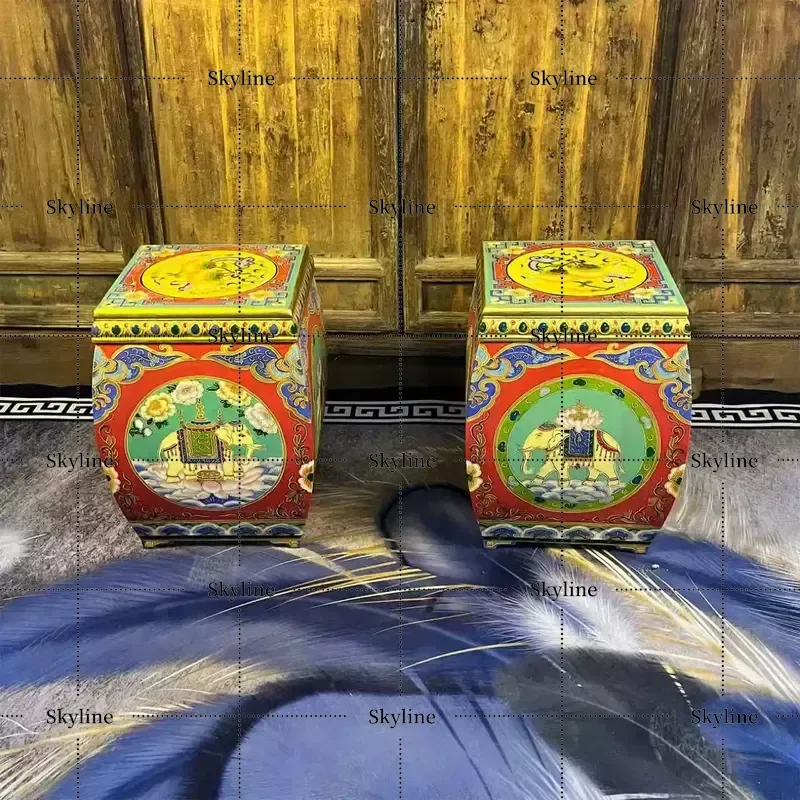 Chinese Antique Solid Wood Painted Round Drum Stool for Shoe Guzheng Piano Tea Wedding Classical Furniture