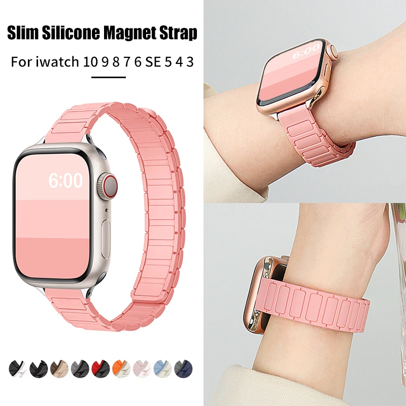 Magnetyczny pasek do zegarka kompatybilny z Apple Watch Band 49mm 45mm 44mm, cienki silikonowy magnes do IWatch Series 10 9/8/7/6/5/4 Ultra 2