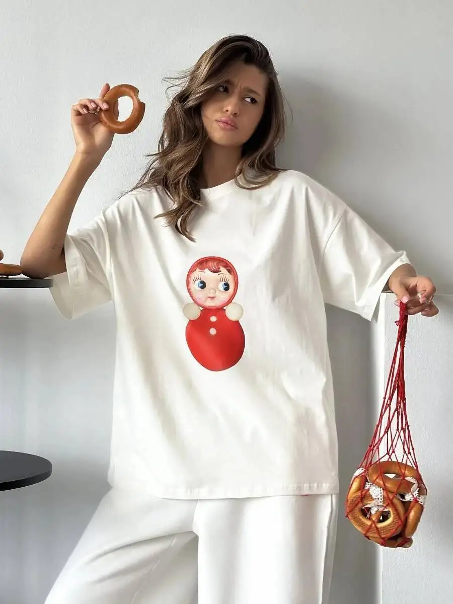 

Summer New 100% Cotton Cartoon Printed T-Shirt Women's Fashionable O-Neck Loose Short Sleeved Female Casual Cute Top