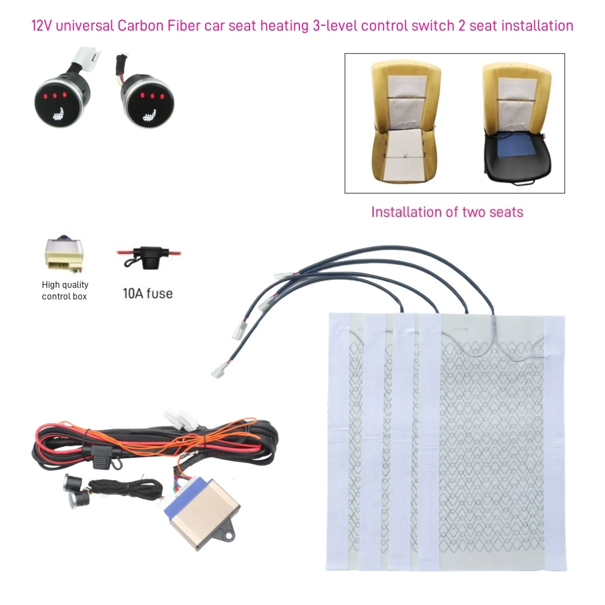 Universal Built-In Car Seat Heater Kit Fit 2 Seats 12V Carbon Fiber Heating Pads 3 Levels Dual Control Heated Switch System