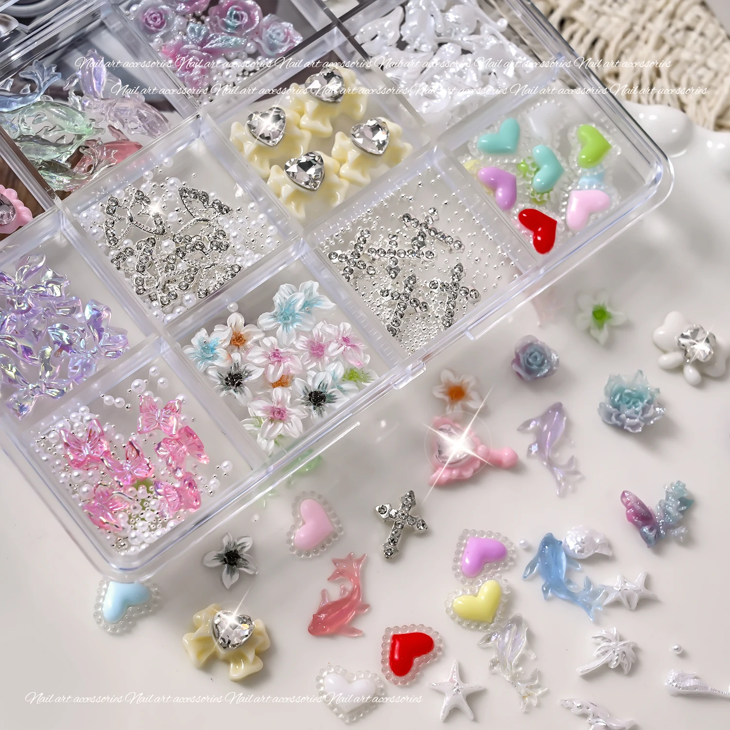 1Box Floral & Heart Nail Charms Transparent Crystal Rhinestones Nail Ornaments Cute 3D Nail Art Decorations for Wedding & Daily*