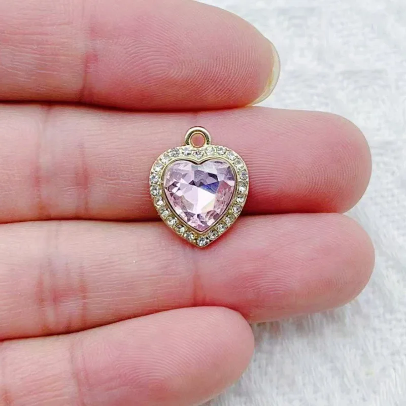 10pcs heart-shaped inlaid colorful gemstone pendant, fresh style DIY jewelry, bracelet, necklace, earring making accessories view 5