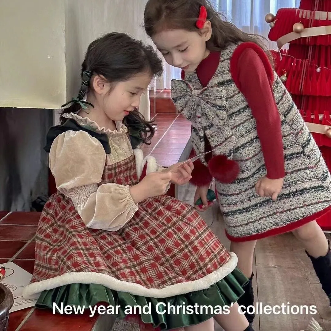 Girl Dress Christmas Girl Princess Dress 2023 Winter New Style Sweet Children Plaid Doll Collar Dress Girl One Piece Dresses