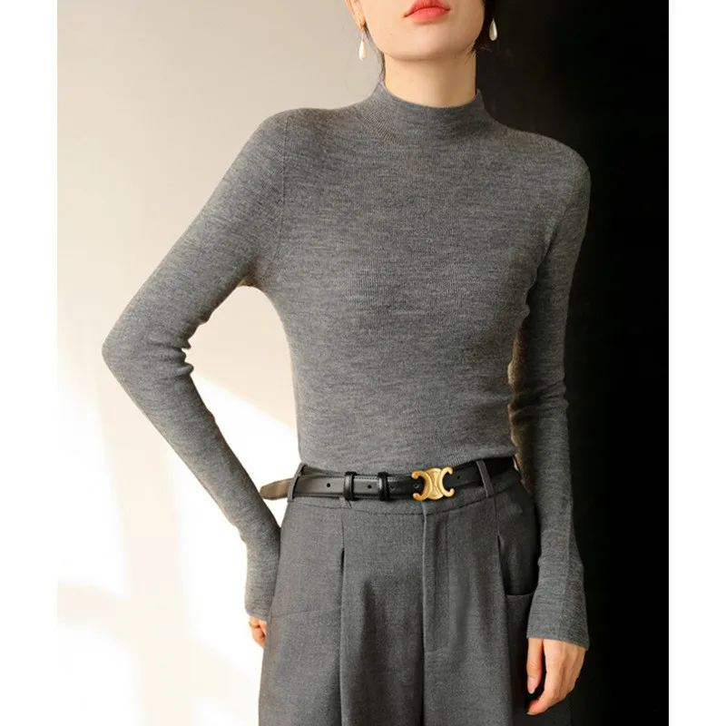 

Wool high-end semi high neck knitted sweater for women's autumn and winter slim fit inner layer bottom seamless one-piece sweate