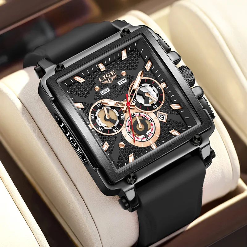 LIGE Sports Unique Rectangular Watches with Large Dial Casual Quartz Silicone Bands Wristwatches with Auto Date Clock+Gift Box