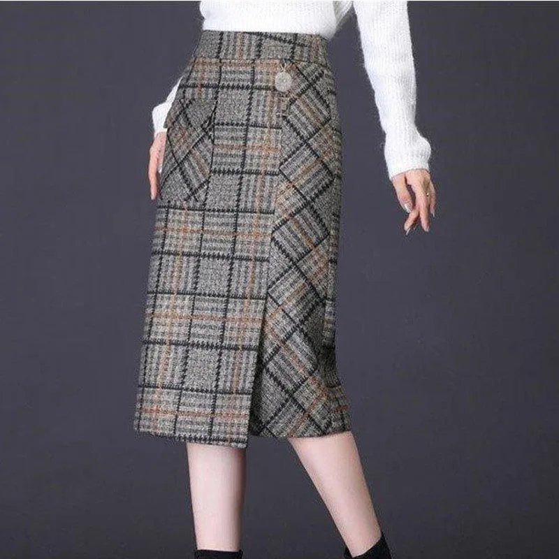 New Spring and Autumn Fashion Brand High Waist Slim Plaid Versatile Western Casual Mid Length Half Length Wrapped Hip Skirt