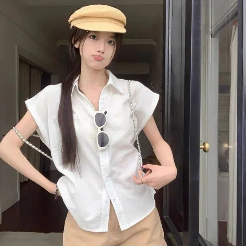 

Solid Color Polo Collar Short Sleeves Shirt for Women Summer High Street Casual Loose Commuting Chic Tops Fashion Women Clothing