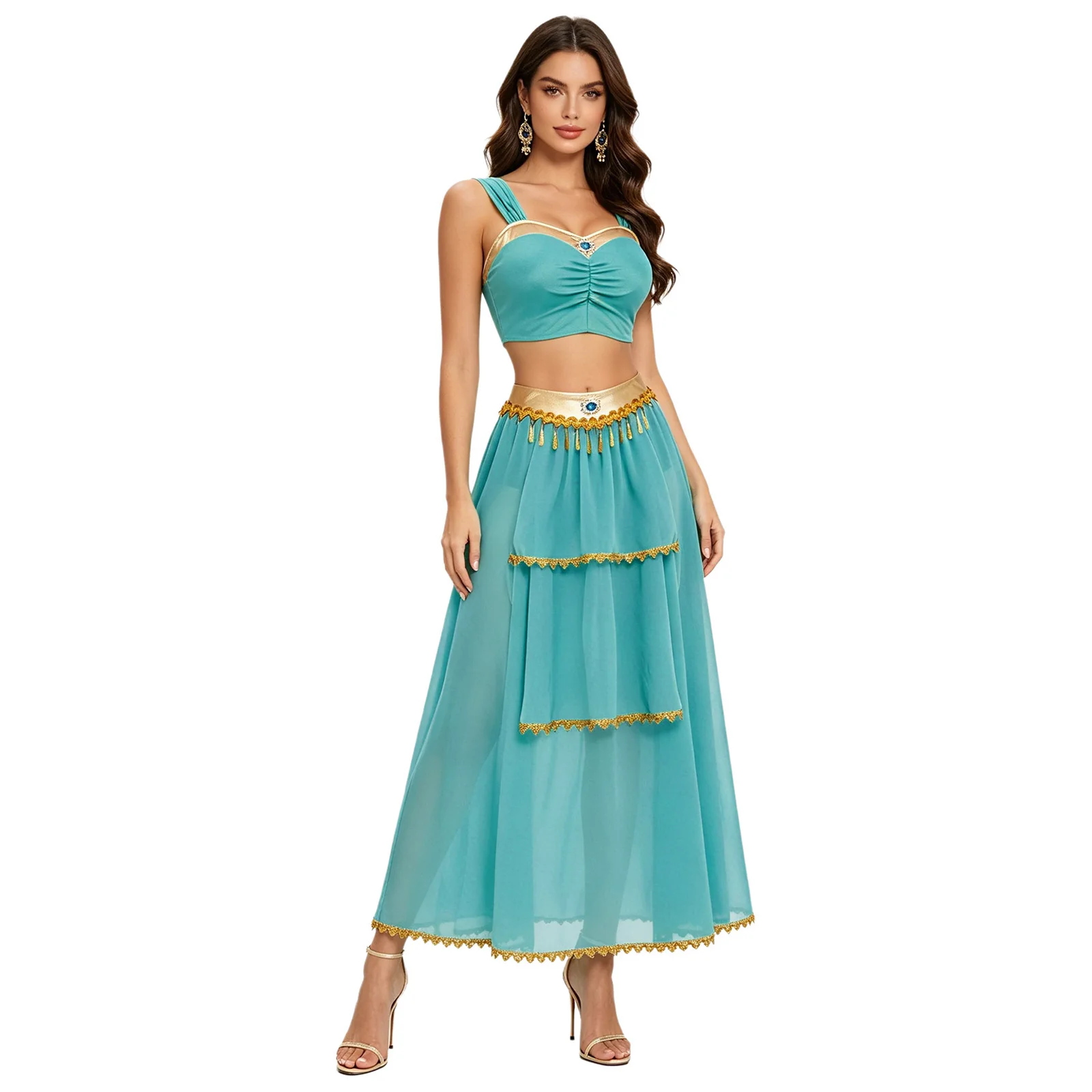 Women Oriental Belly Dance Outfits Sleeveless Crop Top Chiffon Maxi Skirt Gold Tassel Decor Arabian Princess Performance Costume