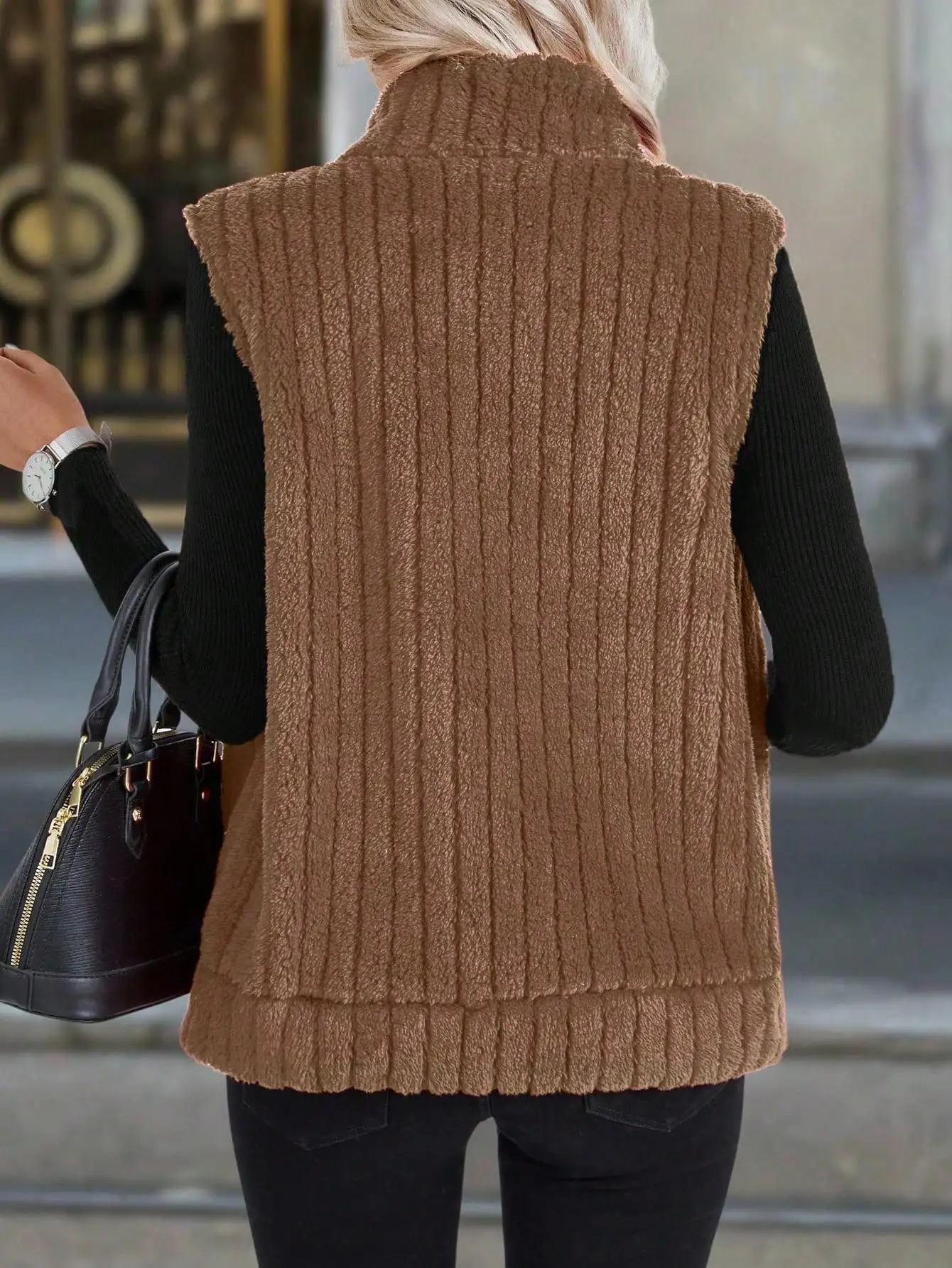 여성 캐주얼 지퍼업 스탠드 칼라 조끼, 가을과 겨울에 매일 착용하기에 적합