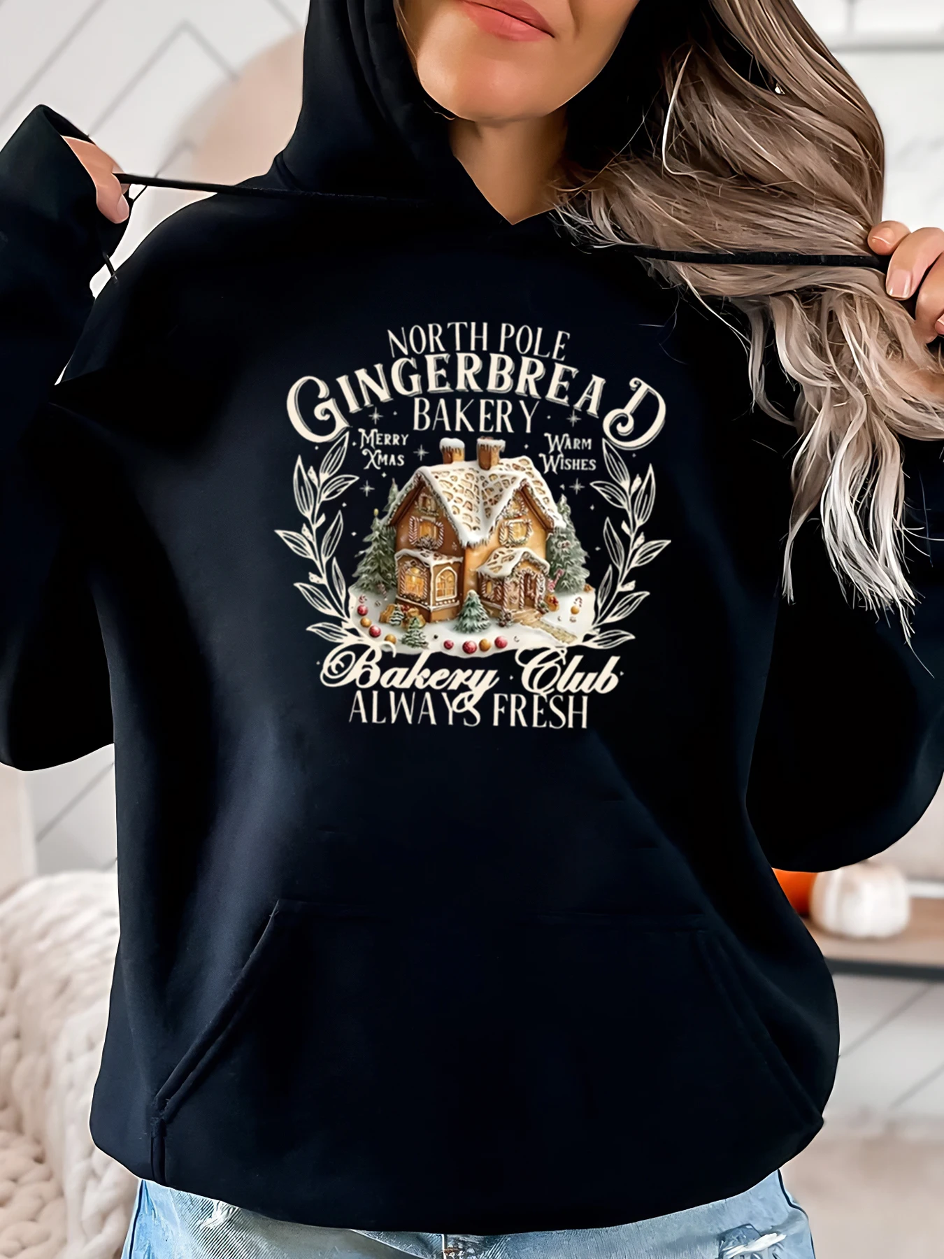 

Рождественская толстовка с пряничным пекарни Северного полюса, женская праздничная повседневная одежда, черная, больших размеров