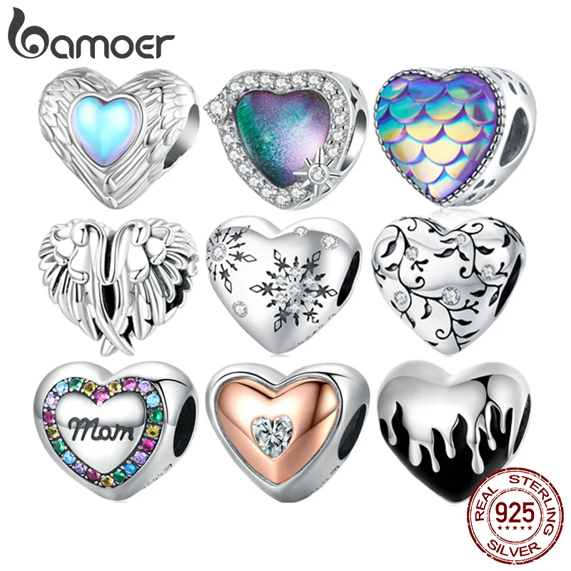 Bamoer 925 Sterling Silver Wing Heart Series Guard of Love Moonstone Charms for Women Original Bracelet Fine Jewelry BSC867