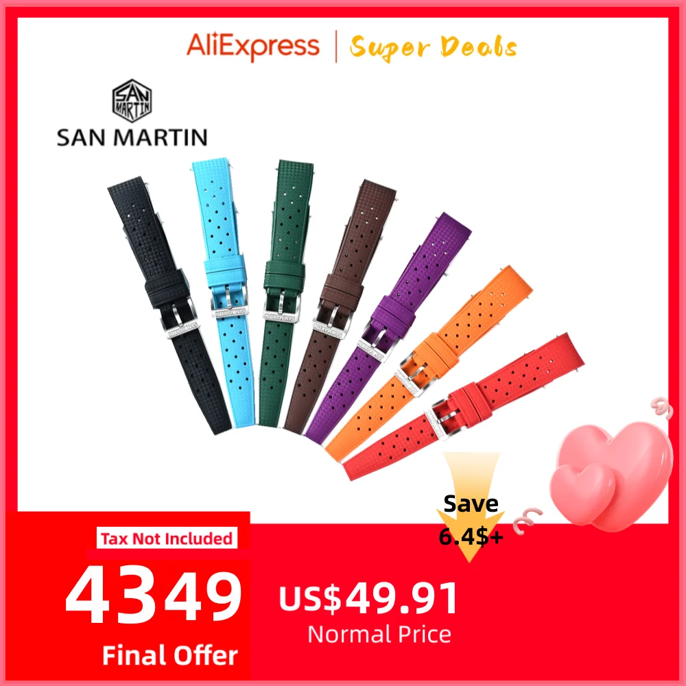 

San Martin Colorful Curved End FKM Rubber Strap 19/20/21mm For SN00144 Tropical Watchband Comfortable To Wear Waterproof Durable