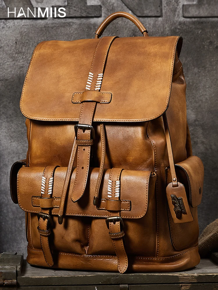 Luxury Travel Bag All Leather Men's Backpack Schoolbag 2026 New World War II Pepper Salt  Full-Grain Leather Large Capac