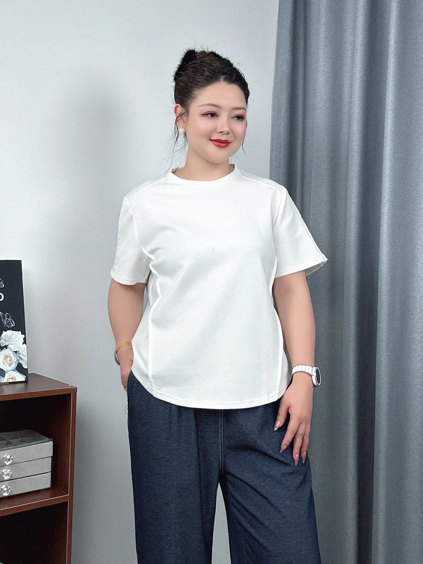 

plus Size Women's White Lace Hollow Short Sleeve T-Shirt Summer New Style Waist Shaping Slimming Belly Covering Casual Loose Fit