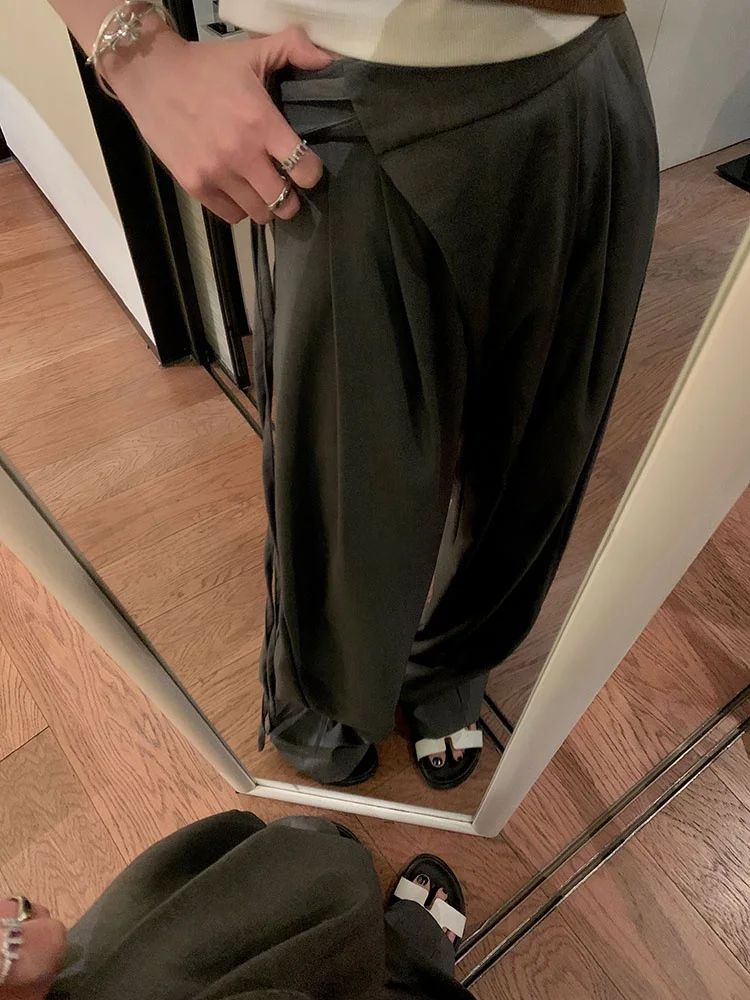 

ay Wide Leg Pants Women's Loose Casual Floor-Length Trousers Faionable Belt Design Commute Sle High Waist Polyester Fiber