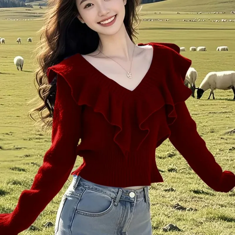 

Women Korean Fashion Ruffles Sweet Chic Short Knitted Sweater Elegant V Neck Solid Long Sleeve Slim Pullover Tops Casual Jumpers