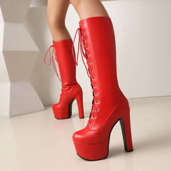 Leather Women Black Red White Knee-high Boots Zipper Lace-up High Heels Platform Riding Boots 47