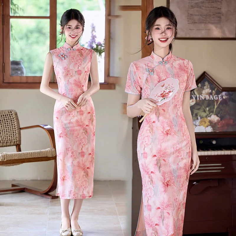 

Yourqipao Розовое традиционное китайское платье-ципао в китайском стиле, длинное, новинка 2026 года, женское, ретро, приталенное, с коротким рукавом