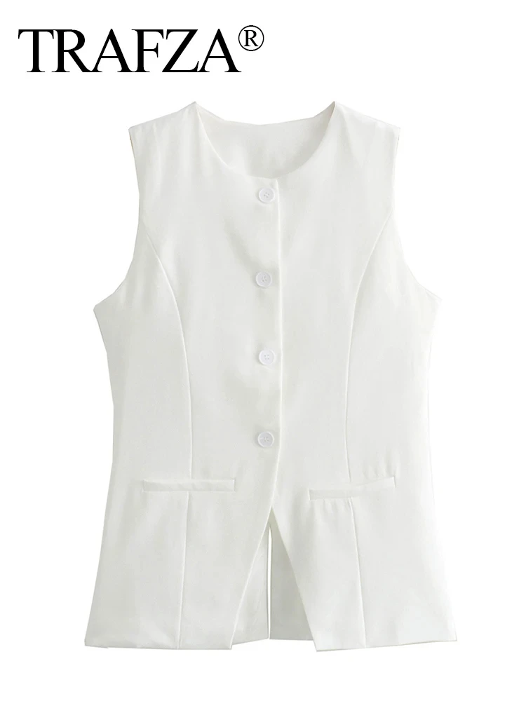 TRAFZA 2024 Women Summer White Single Breasted Vest Female Elegant Sleeveless O-neck Buttons Cropped Waistcoat TRAF