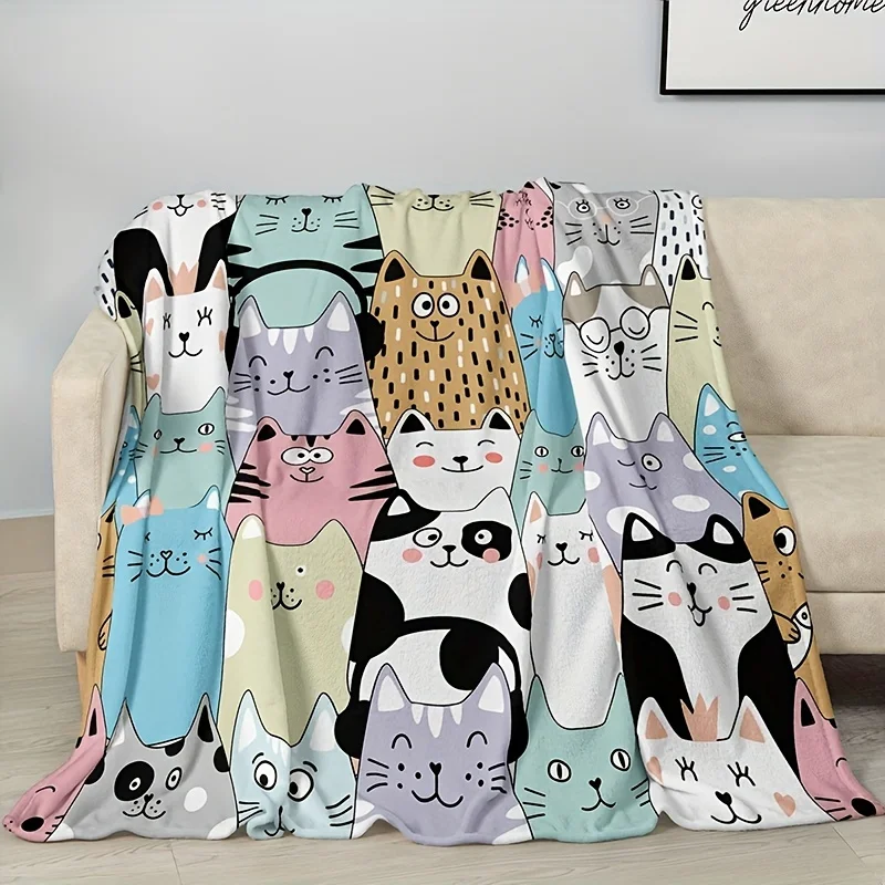 Cute Cartoon Cat Print Flannel Blanket Soft Warm Throw Blanket Nap Blanket For Couch Sofa Office Bed Gift Blanket For All Season