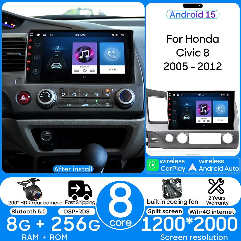 Android 15 Car Radio Multimedia Player Stereo Head Unit for Honda Civic 8 2005 - 2012 Navigation GPS Android Auto CarPlay 2DIN