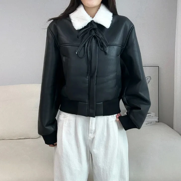 Women's Chic Thiened Fce Lined Leather Jaet Biker Sle All in One Fur Coat Long Sve Regular Length Bla Top