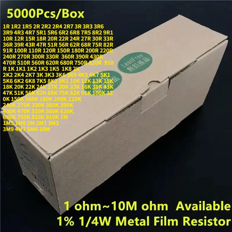 

5000pcs/Box (1~10M Ohm Available) 1/4W Metal Film Resistor 0.25W 1% (1R~10M) Multi-model Whole Box