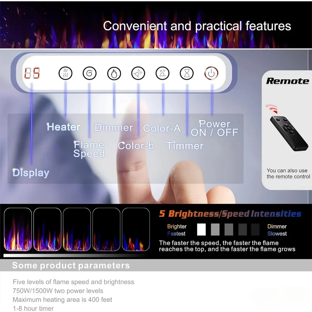 Recesso elétrico e montado na parede lareira, aquecedor de lareira com temporizador, controle remoto, cor chama ajustável, 60 in