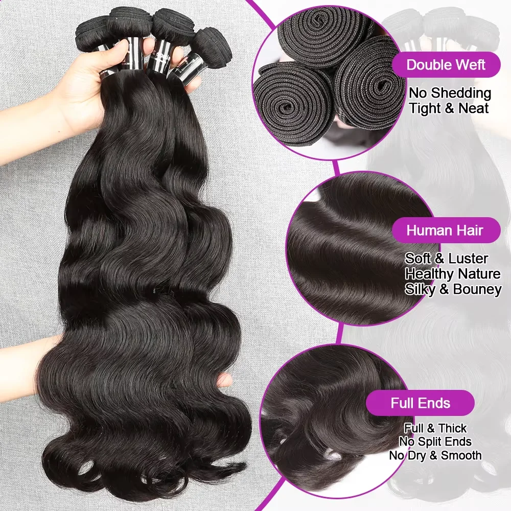30 32 بوصة الجسم موجة 100% نسج حزم الشعر البشري وصلات شعر خام البرازيلي الطبيعي الأسود موجة المياه 2 3 4 حزمة للنساء #2