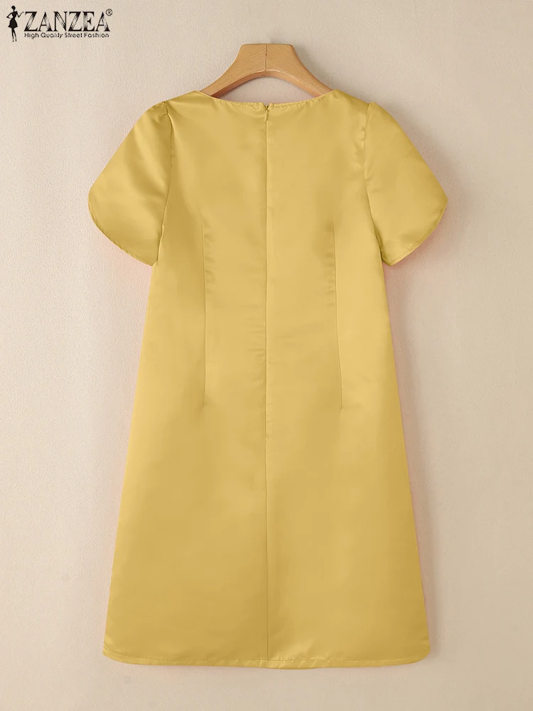 Zanzea gracioso commute curto robes femme com decote em v fino ajuste das mulheres pétala manga na altura do joelho vestidos elegantes de festa de cetim