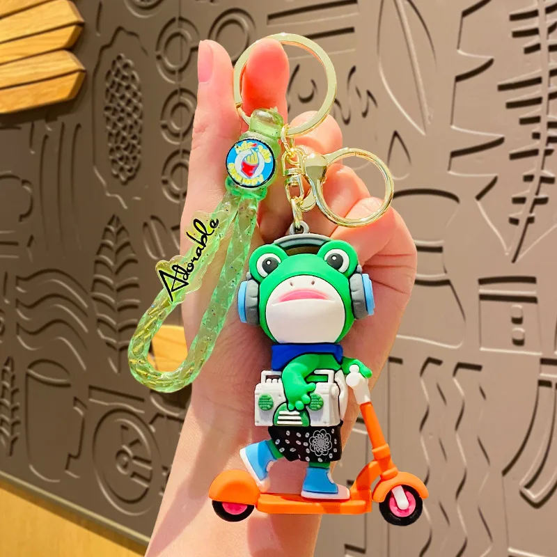 Cartoon Green Scooter Radio Music Earphones Frog Keychain Doll Cool Open Arms Balance Board Veneer Skateboard Frog Keyring Charm