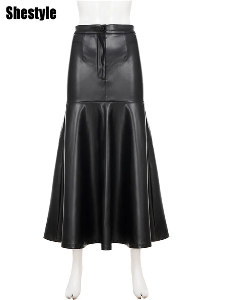 Shestyle plissado linha a couro do plutônio preto saia longa para o inverno sólido zíper voar cintura alta senhora do escritório workwear elegante graça