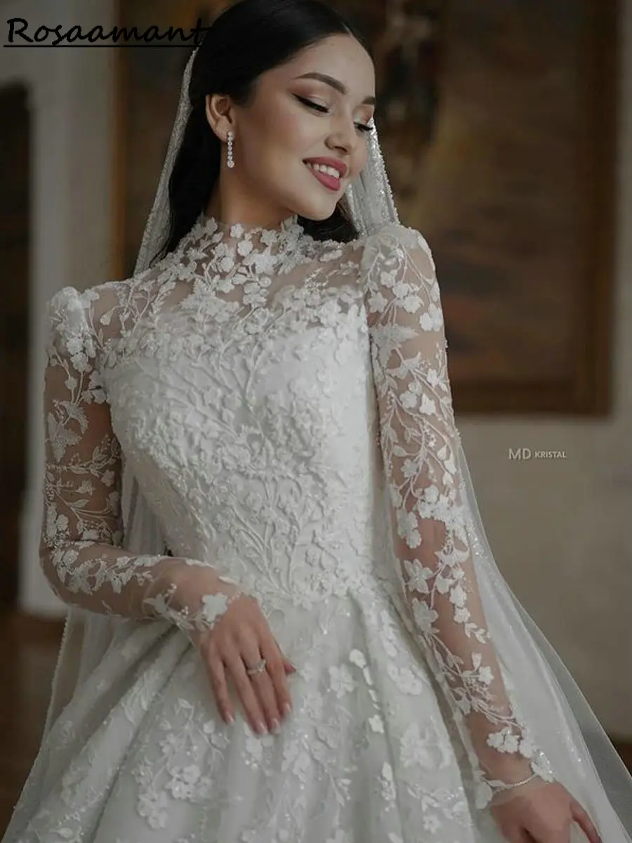 Luxury Long Sleeve Appliques Lace A-Line Wedding Dresses High Neck Customized Country Bridal Gowns