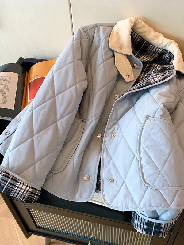 

Women's ort Thiened Cotton Jaet Diamond Pattern Artistic Sle Loose Fit Long Sve Coat Korean Version Spring Autumn