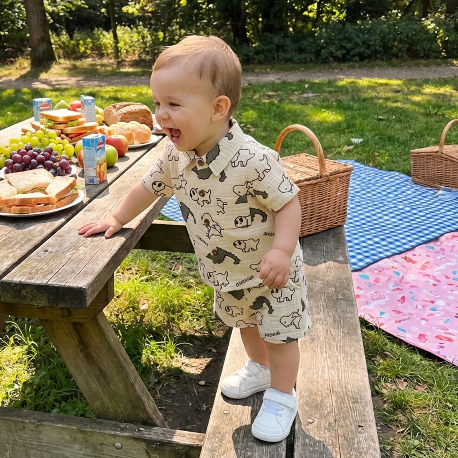 

Toddler Kids Boys 2 Piece Clothing Outfits Summer Dinosaur/Duck Print Short Sleeve Turn Down Collar Tops and Shorts Sets