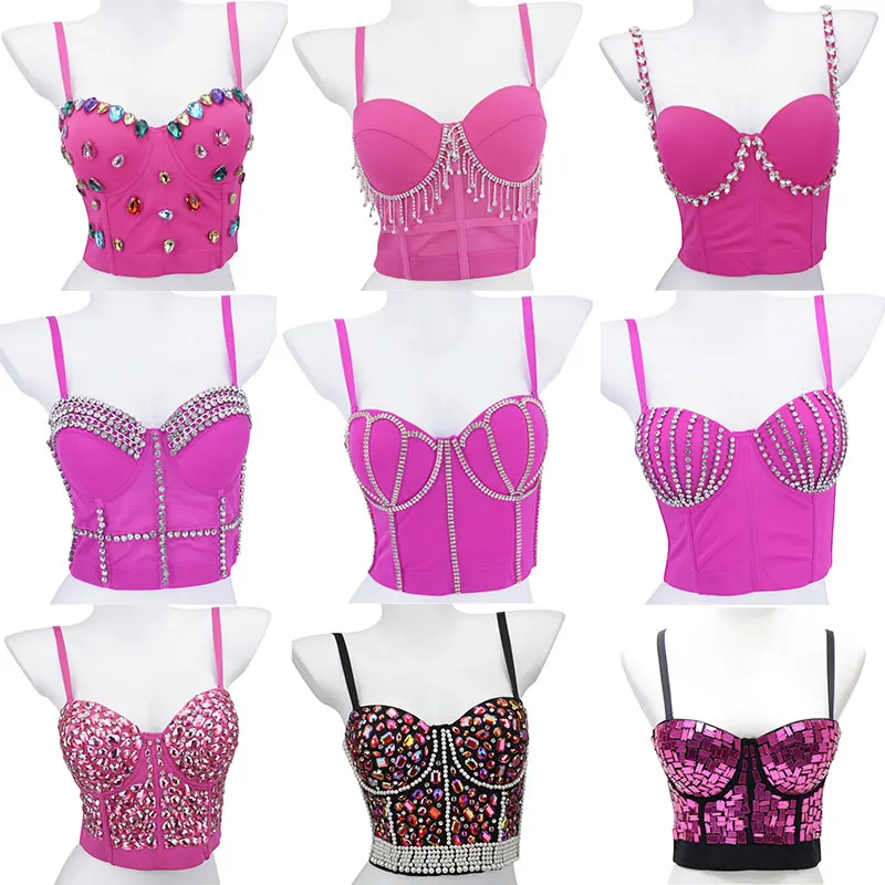 

Rose Pink Crop Tops Rhinestone Tank Top 2025 New Luxury Y2K Sweet Cute High Street Party Club Sexy Corset Top Bra Women Clothing