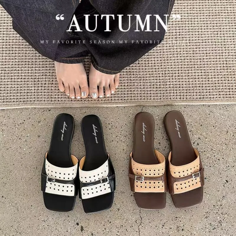 2026 new summer women sandals natural leather plus size 22-24.5cm sheepskin+pigskin+microfiber buckle mules women slippers
