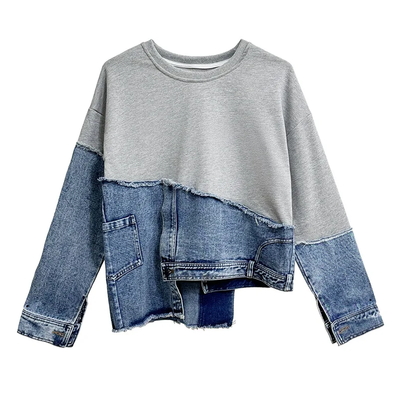 

Women Denim Sweatshirts Spliced Hoodies Color Blocked Round Neck Long Sleeves Slight Stretch Loose Casual Streetwear 2025 Spring