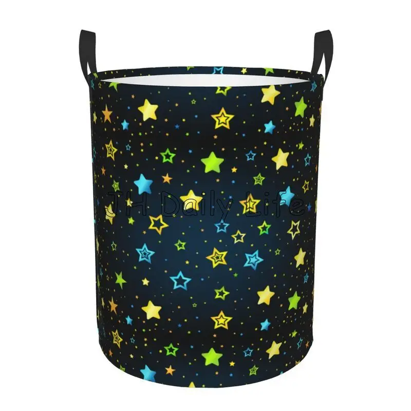 Colorful Stars Round Laundry Basket Large Capacity Dirty Clothes Laundry Hamper Basket Oxford Storage Organizer for Home Dorm