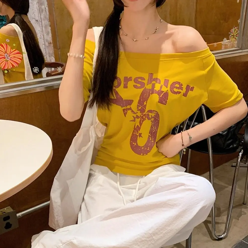 Fashion Y2k Off Shoulder Top Skew Collar Body Basic Short Sleeve Letter Print T Shirt Vintage Style image 4