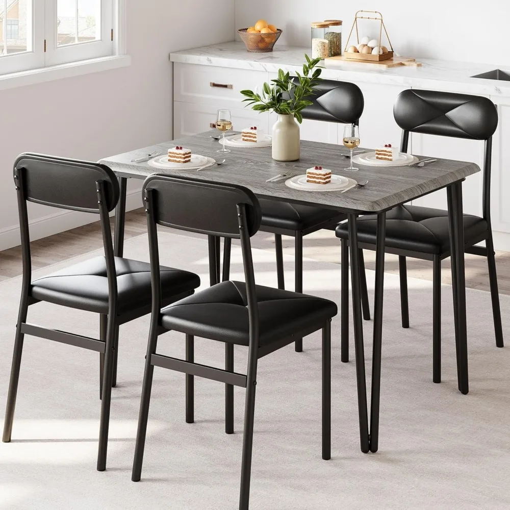 Dining Table Set for 4, Kitchen Table with Upholstered Chairs for Kitchen Room and Small Spaces (Grey, Table with 4 Upholstered