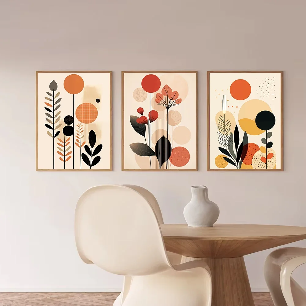 (No frame)Boho Japandi Abstract Wall Art Flower Posters Geometry  Leaves Nordic Canvas Painting  Minimalist for Living Room H