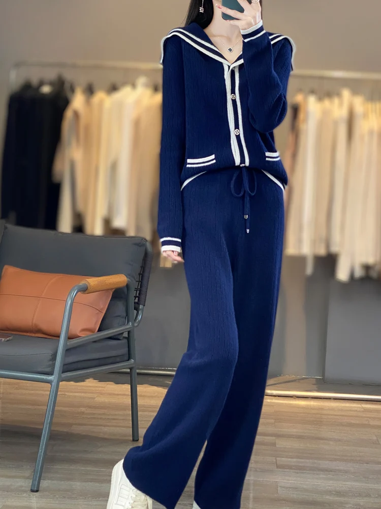 Women's Matching Set 100% Merino Wool Navy Collar Cardigan Casual Color Blocked Knitted Pants 2-Piece Set Loose Women's Clothing